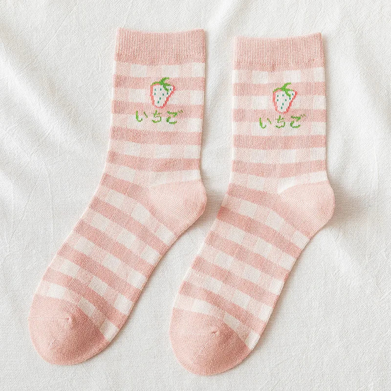 Japanese Harajuku Style Kawaii Woman Socks Cotton with Strawberry and Flower Funny and Pink Socks Women 121702