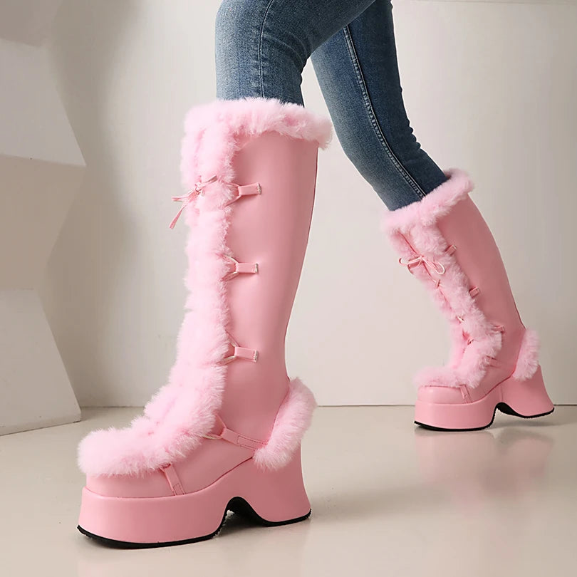 High Platform Fur Splicing Microfiber Cross Tie Thick Plush Lining Warmth Snow Boots Back Zipper Height Increasing Knee Boots