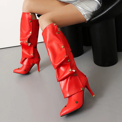 Plus Size Soft PU Inlaid Rivet Tip Ultra High Thin Heel Fashion Knee Boots Punk Folded Breathable Inner Rear Zipper Long Boots