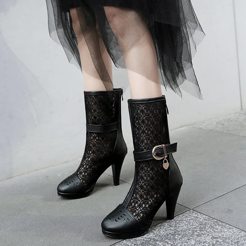 Plus Size Lace Mesh Patchwork PU Hollow Breathable Sexy Women's Mid-Calf Boots With Metal Buckle Back Zipper Summer Boots