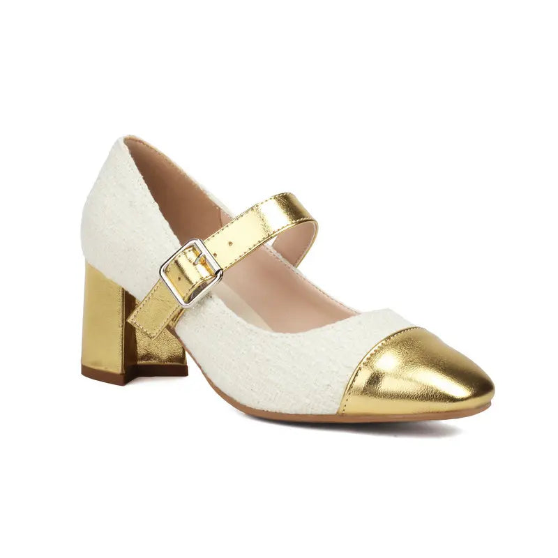 Plus Size 34-48 Gold White Mix Color Patchwork Buckle Belt Luxury Women Pumps Square Chunky High Heeled Shoes Heels Mary Janes