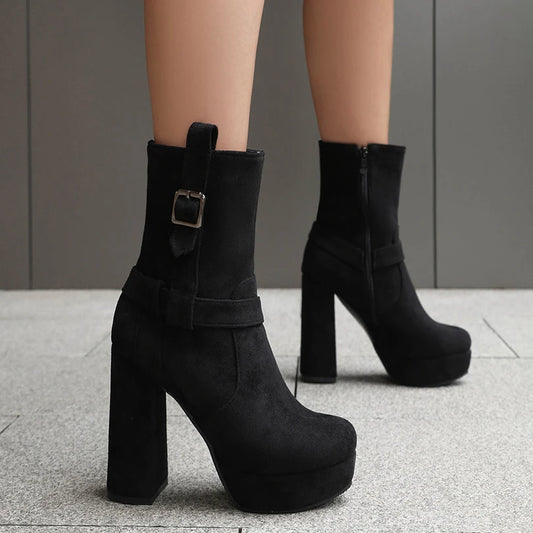 Plus Size Frosted Suede Material Waterproof Round Toe Super High Thick Heel Belt Buckle Side Zipper Women's Mid Calf Boots