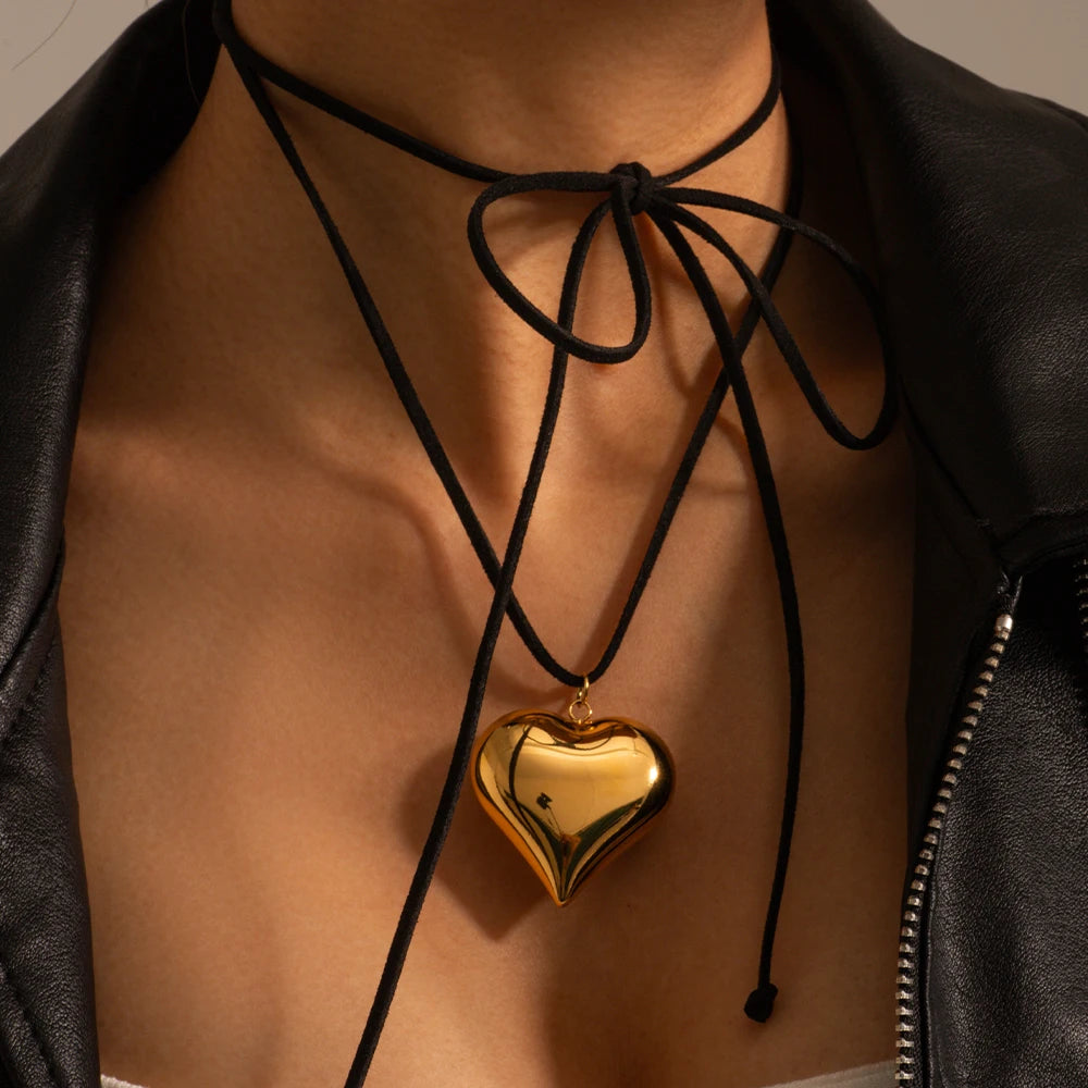 Youthway Smooth Stainless Steel Heart Pendant Korean Cashmere Necklace Glossy Charm Golden Steel Color Jewelry for Women