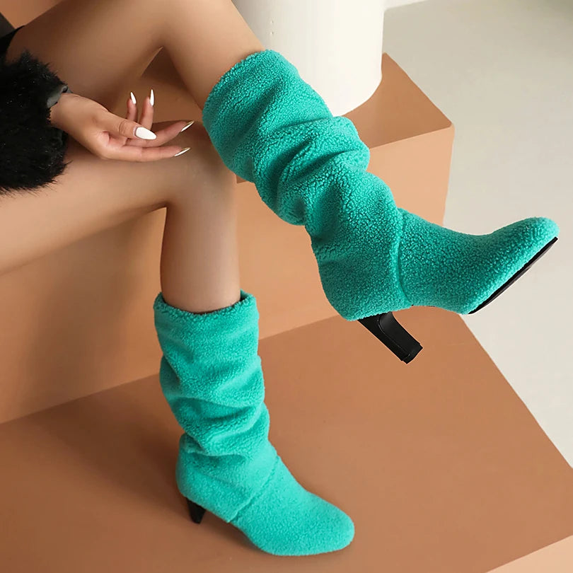 Cashmere Winter Warm Women's Boots Round Shaped Square Heel Thick Plush Lining Snow Boots Artificial Lamb Wool Knee High Boots