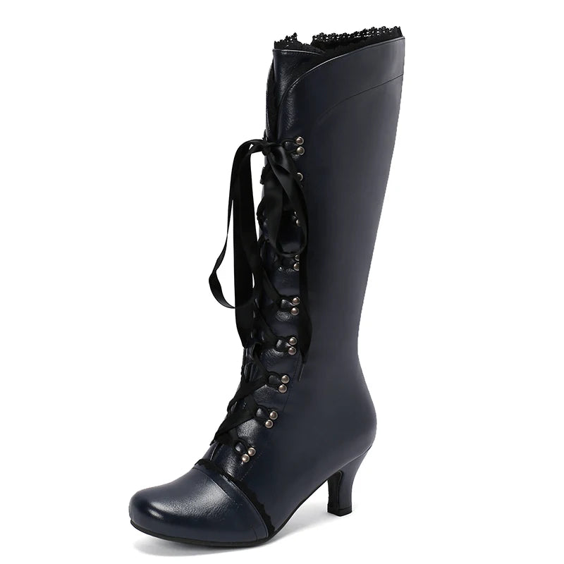 Plus Size Ruffle Edge Cross Tie With Rivets Round Hole Side Zipper Knee Boots Cat Heel Breathable New Spring/Summer Boots