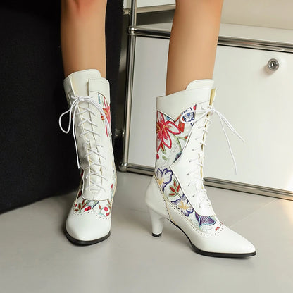 Plus Size Pointed Kitten Heel Printed Women's Mid-Calf Boots Embroidered With Flower Ties Short Plush Lining Ethnic Style Boots