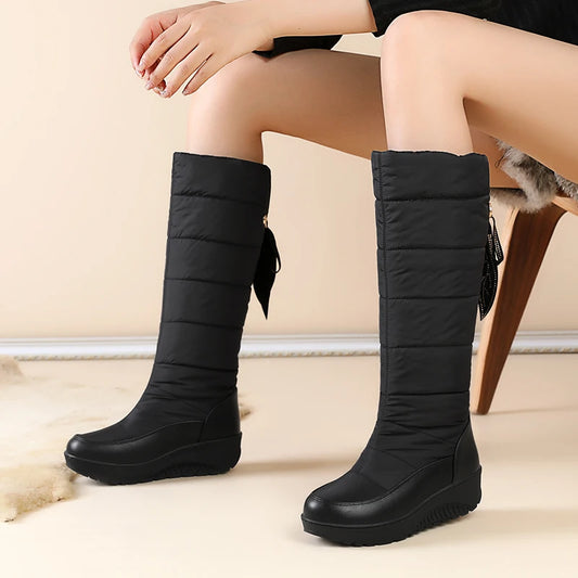 2024 Plus Size Winter Warm And Waterproof Down Cotton Boots With Tassel Lacing Flat Bottom Slope Heel Stripe Knee Length Boots