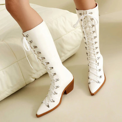 Plus Size Shiny Patent Leather Conical Wood Grain Thick Heel Pointed Cross Tie Punk Style Knee High Boots Plush Inner Boots