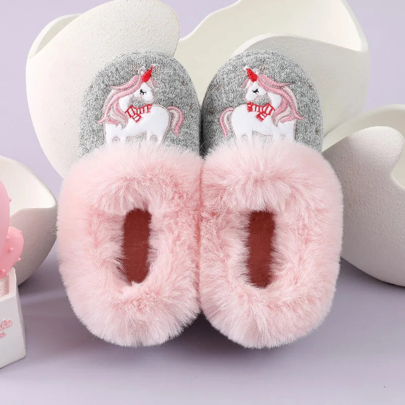 Evshine Children Winter Warm Plush Cotton Shoes Lovely Animals Fur Fuzzy Home Slippers Indoor Anti-slip Comfortable Furry Slides