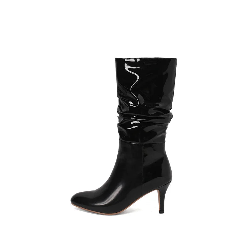 New Sexy Patent Leather Pleated Ankle Boots Ladies Winter