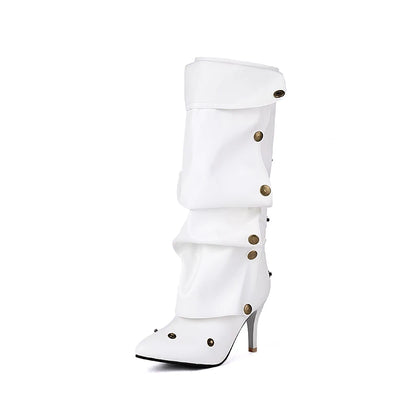 Plus Size Soft PU Inlaid Rivet Tip Ultra High Thin Heel Fashion Knee Boots Punk Folded Breathable Inner Rear Zipper Long Boots