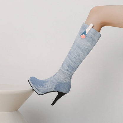 Ultra High Tapered Fine Heel Printed Denim Material Side Zipper Knee Boots Platform Microfiber Lining Autumn New Women's Boots