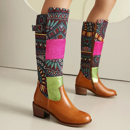 Plus Size Ethnic Style Printed Fabric Patchwork PU Women's Knee High Boots With Color Blocked Geometric Patterns Breathable Boot