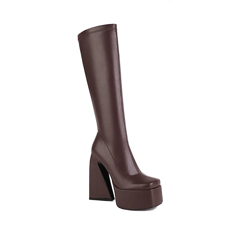 Square Toe Ultra-High Shaped Tapered Heel Slip On Elastic Boots With High Waterproof Tablecloth Lining For Women's Knee Boots