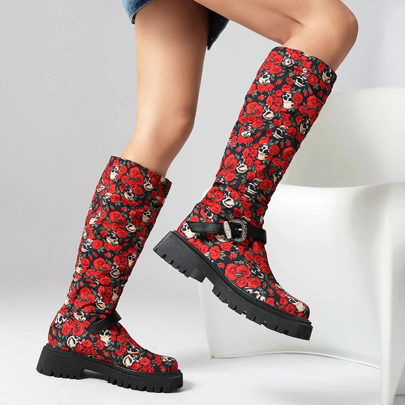 Red Flower Pattern Rivet Metal Belt Buckle Women's Knee High Boots Round Toe Thick Heel Waterproof Table Leopard Print Boots