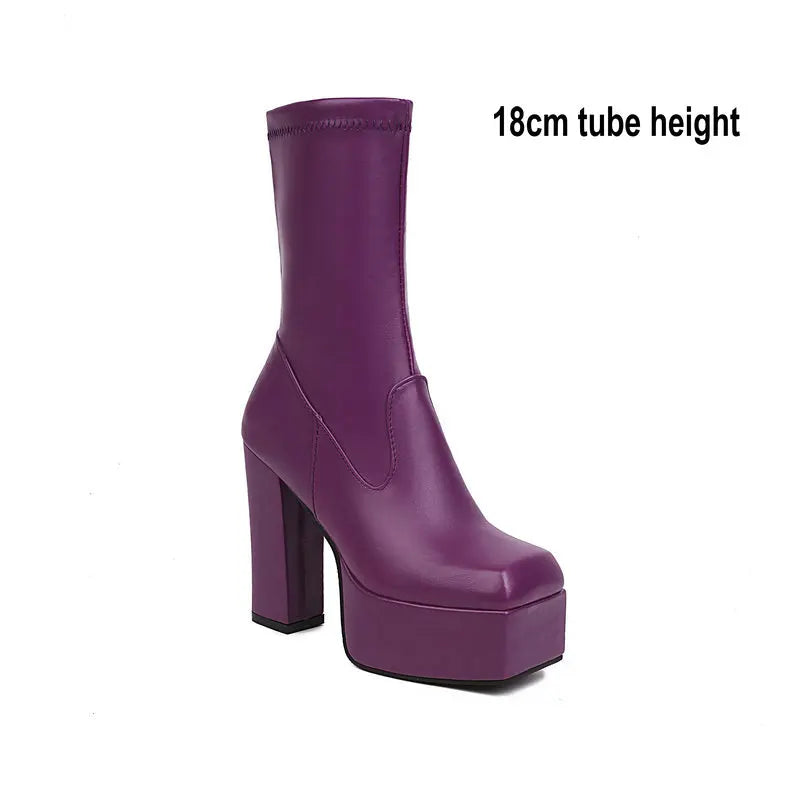 Oversize 46 47 48 Square Toe Block High Heels Sexy Lady Shoes Platform Women Overknees White Purple Leg Warmers Stretch Boots