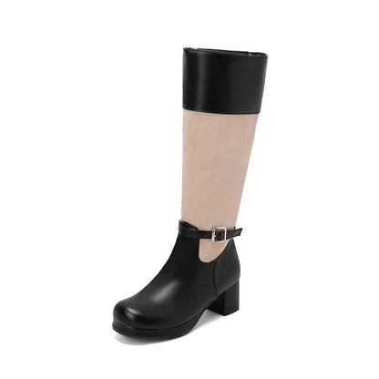 2024 Plus Size Float Patchwork PU Side Zipper Women's Knee Length Boots With Round Toe Thick Heels And Color Matching Boots