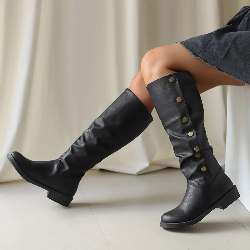 Plus Size Round Toe Thick Heel Short Plush Inner Rivet Button Women's Knee High Boots Classic Retro Western Boots