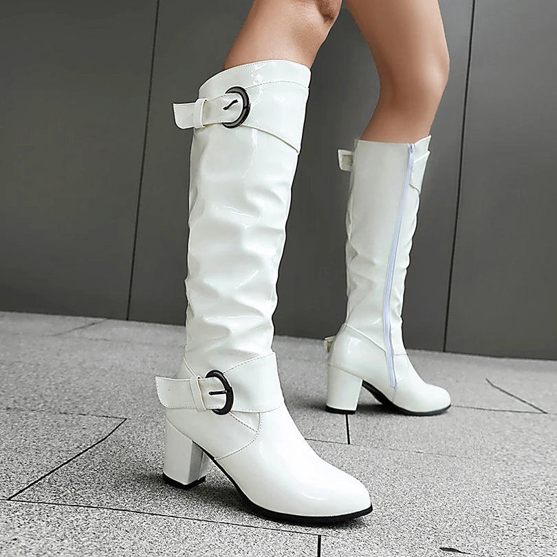 Round Toe Thick Heel Lacquered Leather Upper Side Zipper Knee High Boots Double Row Circular Metal Belt Buckle Breathable Boots