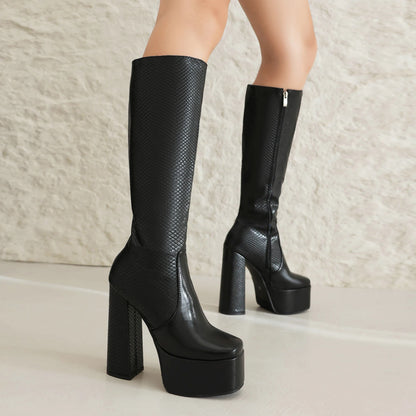 Snake Patterned Microfiber Splicing PU Platform Zipper Knee High Boots Super High Hollow Thick Heel Stripe Sexy Women's Boots