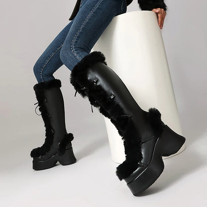 High Platform Fur Splicing Microfiber Cross Tie Thick Plush Lining Warmth Snow Boots Back Zipper Height Increasing Knee Boots