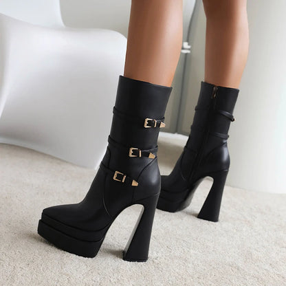 Three-Row Metal Belt Buckle Ultra-High Profiled Hollow Heel Catwalk Women's Boots Pointed Toe Three-Layer Platform Mid-Boots