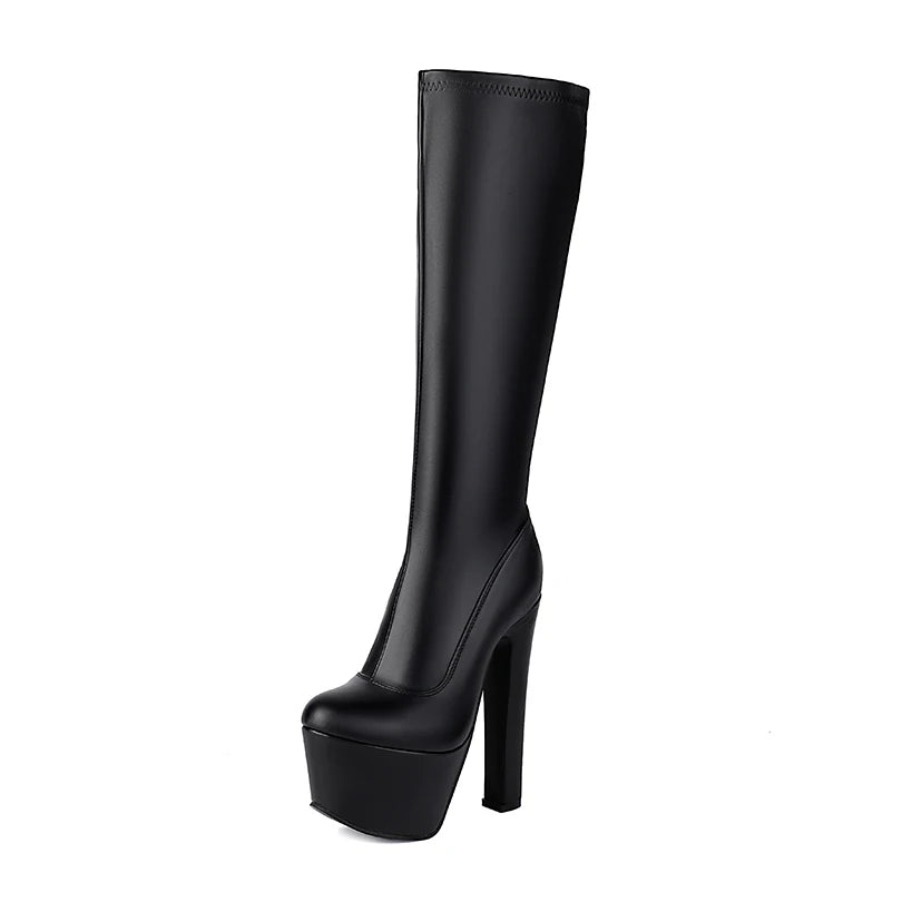 Plus Size Super High Platform Patent Leather Zipper Slip-On Sexy Women's Knee High Boots Microfiber Matte Upper Fashion Boots