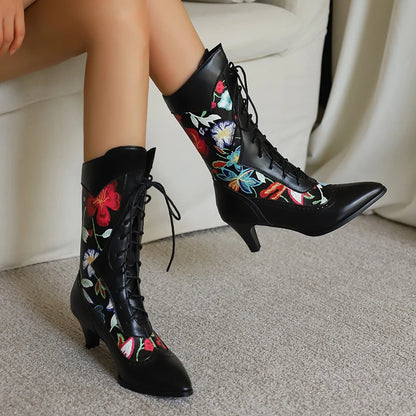 Plus Size Pointed Kitten Heel Printed Women's Mid-Calf Boots Embroidered With Flower Ties Short Plush Lining Ethnic Style Boots