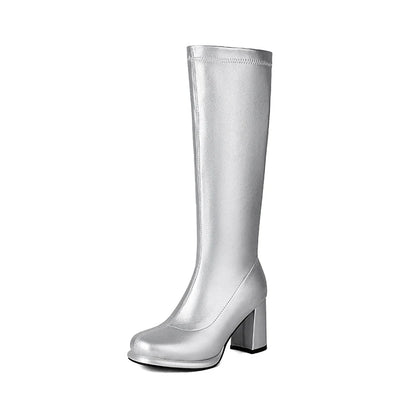 Plus Size Round Toe Platform Ultra-High Thick Heel Sewing Slip-On Women's Knee High Boots Concise Style Knight Boots