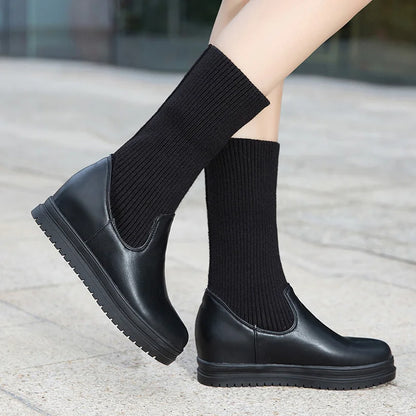 Knitting Wool Splicing PU Slip-On Women's Mid-calf Boots With Flat Heels And Thick Soles For Winter Warmth Office Boots