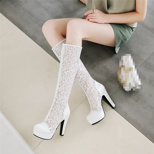 New Women Platform High Heel Shoes White Black Long Boots