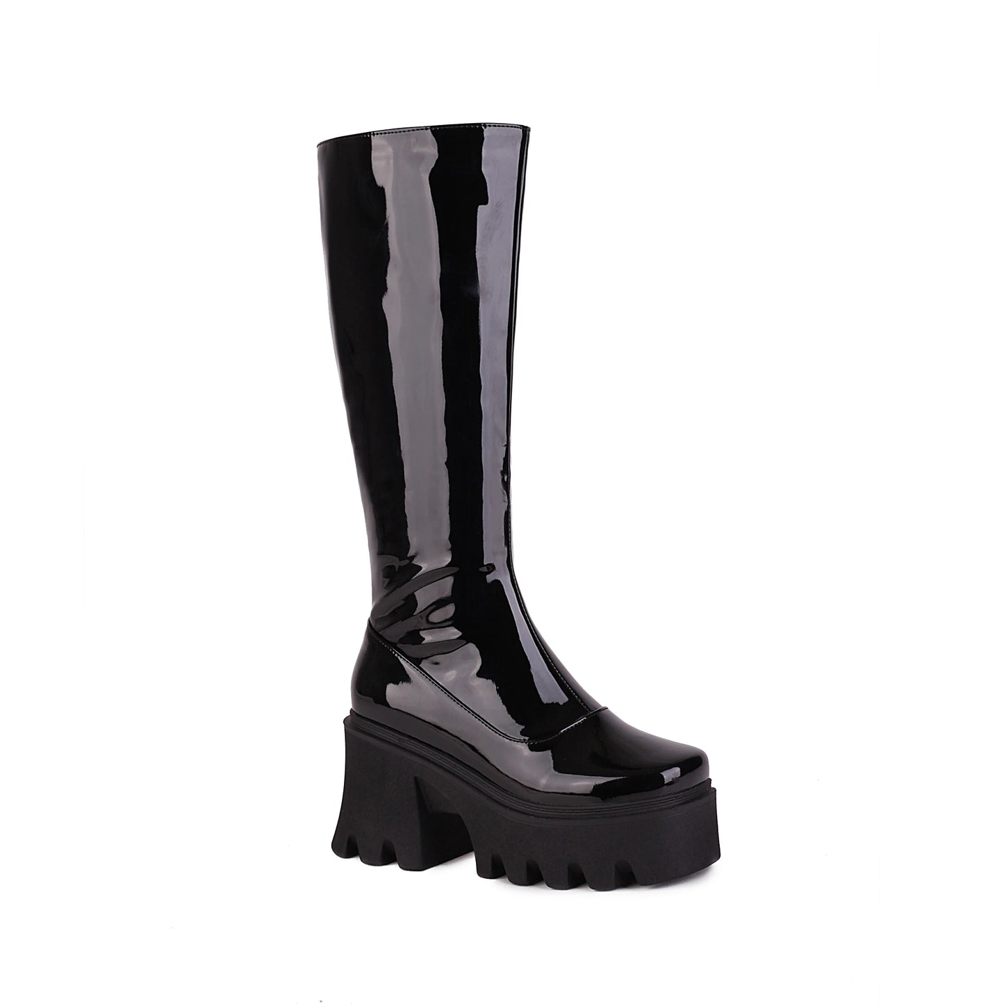 Square Toe Ultra-High Platform Non-Slip Rubber Platform Heel Knee Boots Simple Style Bright Patent Leather Height-Enhancing Shoe