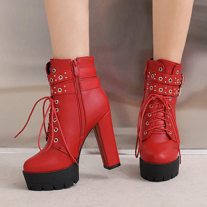 Double Row Metal Belt Buckle With Tie Up Super High Thick Heels Short Boots Platform Side Zipper Plush Inner Lining Ankle Boots