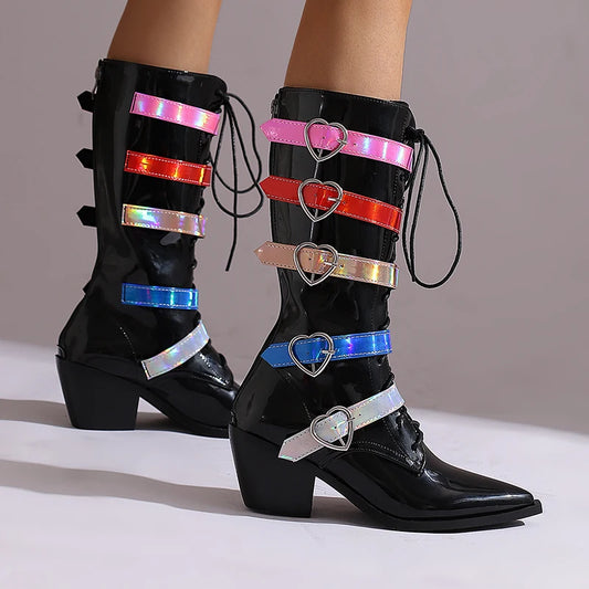 Plus Size Five Row Heart-Shaped Metal Belt Buckle Pointed Cone Wood Grain Thick Heel Cross Tie Zipper Punk Style Mid-calf Boots