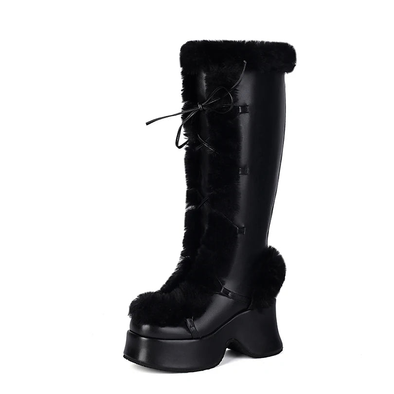 High Platform Fur Splicing Microfiber Cross Tie Thick Plush Lining Warmth Snow Boots Back Zipper Height Increasing Knee Boots