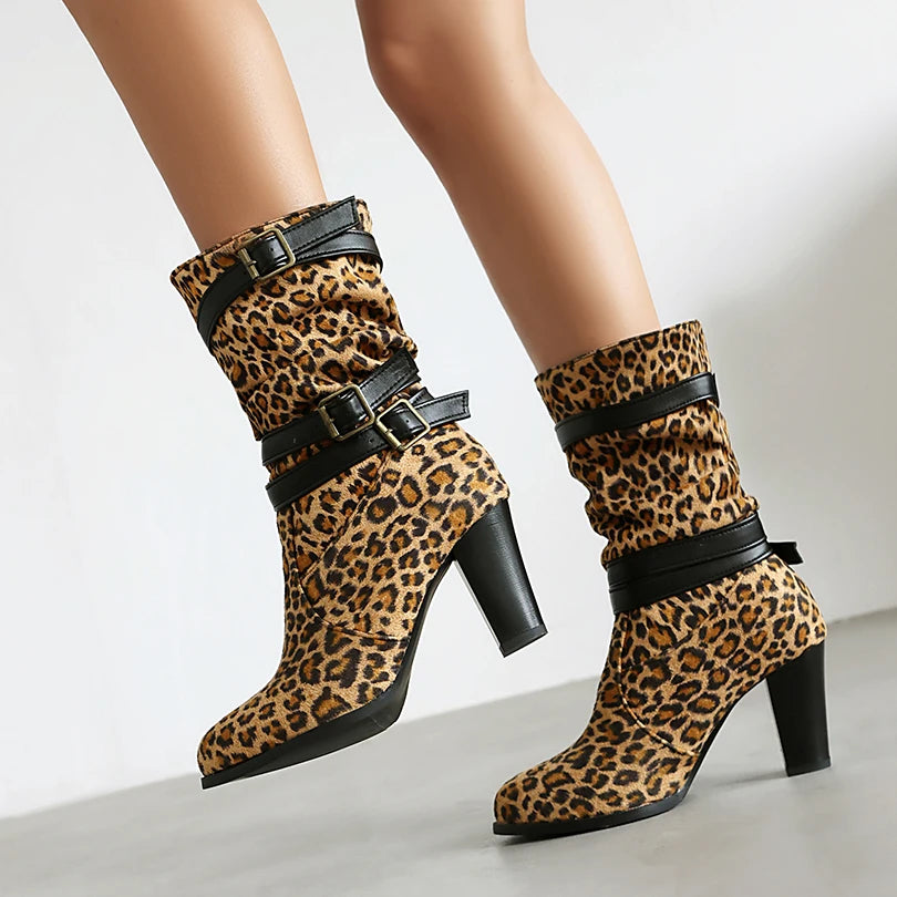 Plus Size Leopard Print Float Round Toe Extra High Thick Heeled Women's Mid-Calf Boots Three Rows Of Belt Buckles Fashion Boots