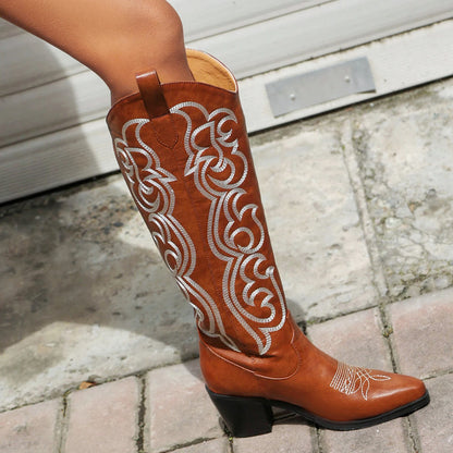 2024 Embroidered Stripe Pointed Thick Heel Breathable Inner Western Boot Upper Embroidered Slip-On Autumn Knee Length Boots