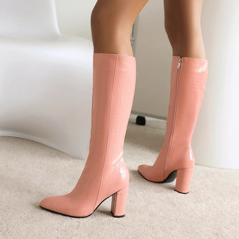 Plus Size Mesh Stone Grain Pointed Toe Chunky Heel Women's Boots Striped Winter Warm Plush Lining Knee High Fashion Boots