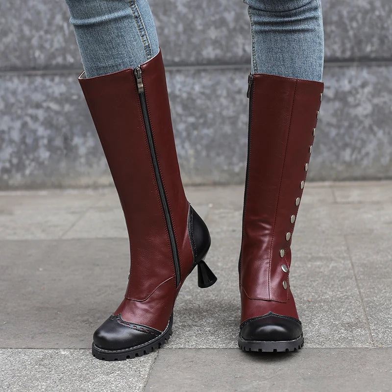 Plus Size Shaped Wine Cup Heel Side Zipper Colored Women's Knee Length Boots Round Metal Rivets Novelty Sweet Knight Boots