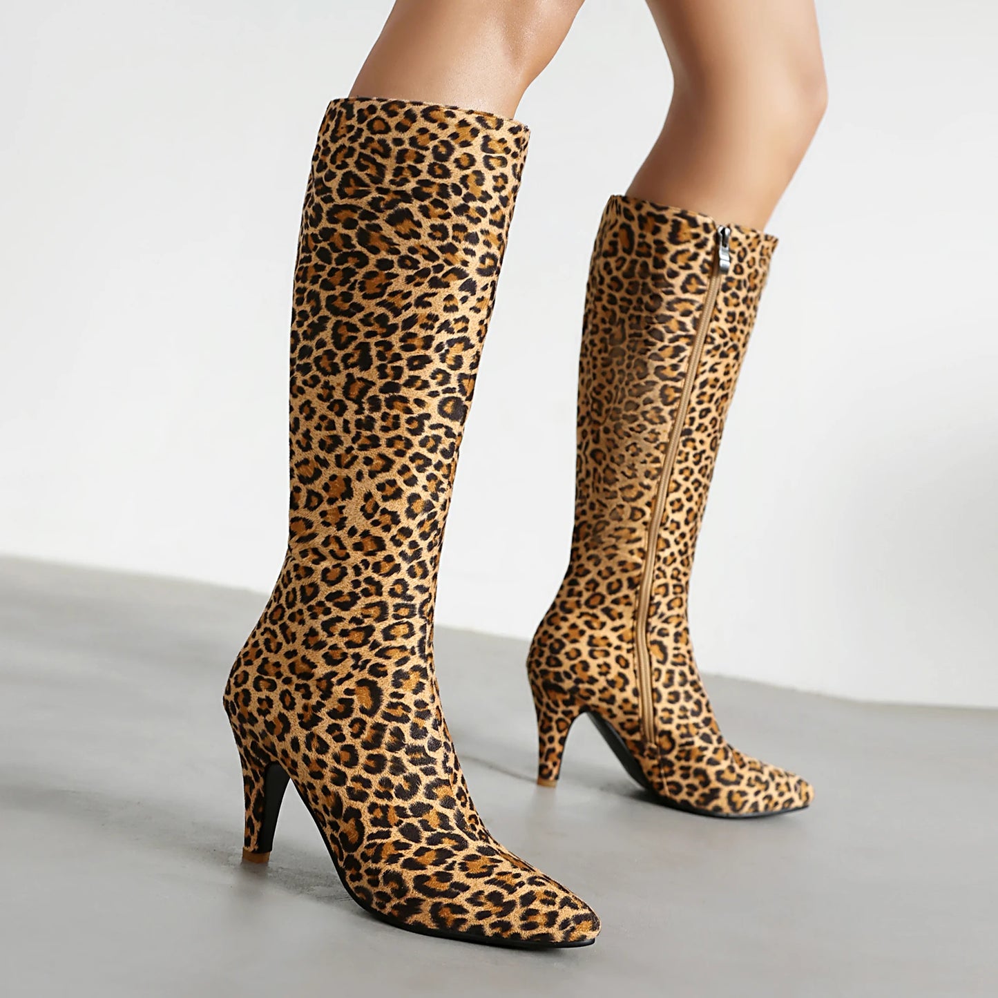 Plus Size Leopard Print Frosted Flock Women's Knee High Boots Pointed Ultra High Thin Heel Plush Interior Side Zipper Long Boots