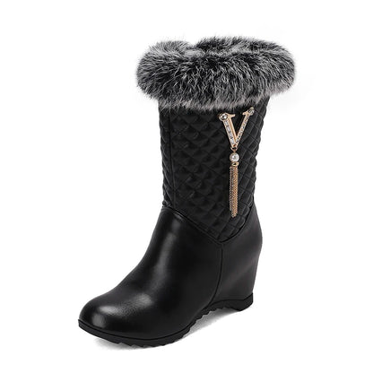 Pearl Metal Tassel Flat Bottom Slope Heel Winter Mid Barrel Snow Boots Thick Plush Inner Plaid Stripe Side Zipper Women's Boots