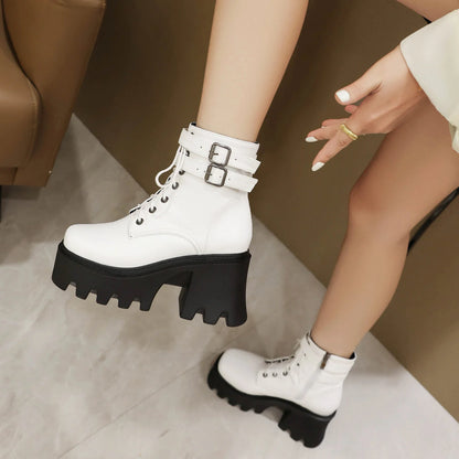 Cross Lace Up Double Row Metal Square Buckle Punk Style Street Trend Women's Boots With Side Zipper Thick Soles Elevated Shoes