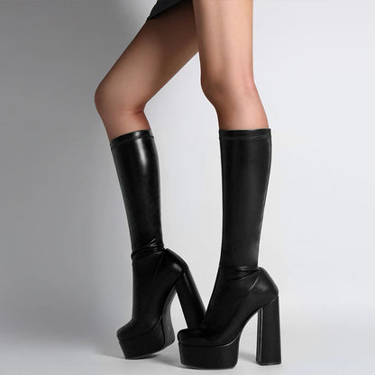 High Waterproof Platform Ultra-High Thick Heel Elastic PU Fit For Women's Fashion Knee Length Boots Sexy Slip-On Elastic Boots