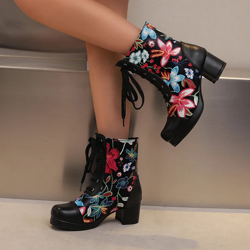 Embroidered Flower Lace Up Women's Short Boots With Round Toe Waterproof Platform Print, Simple Casual Boots With Medium Heels