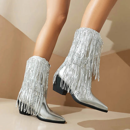 Sharp Pointed Thick Heel Super Fiber PU Shiny Tassel Autumn Women's Boots Slip On Bling Bling Thin Stripe Tassel Mid-Calf Boots