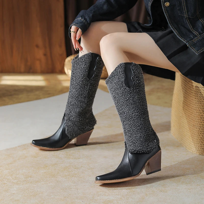 Plus Size Special Plush Splicing PU Small Square Toe Wood Grain Cone Coarse Heel Women's Knee Boots New Novelty Slip-On Boots