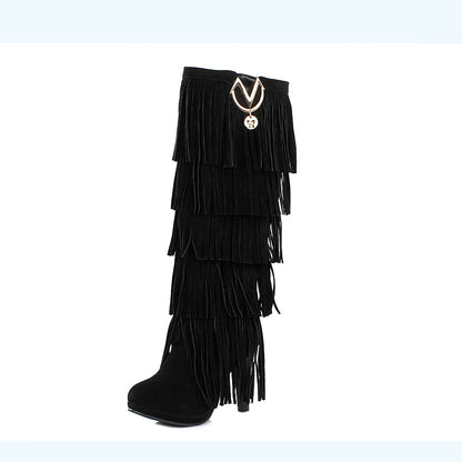 2024 Round Toe Platform Ultra-High Thick Heel Frosted Flock Material Tassel Women's Knee-high  Boots Metal Decoration Warm Boots