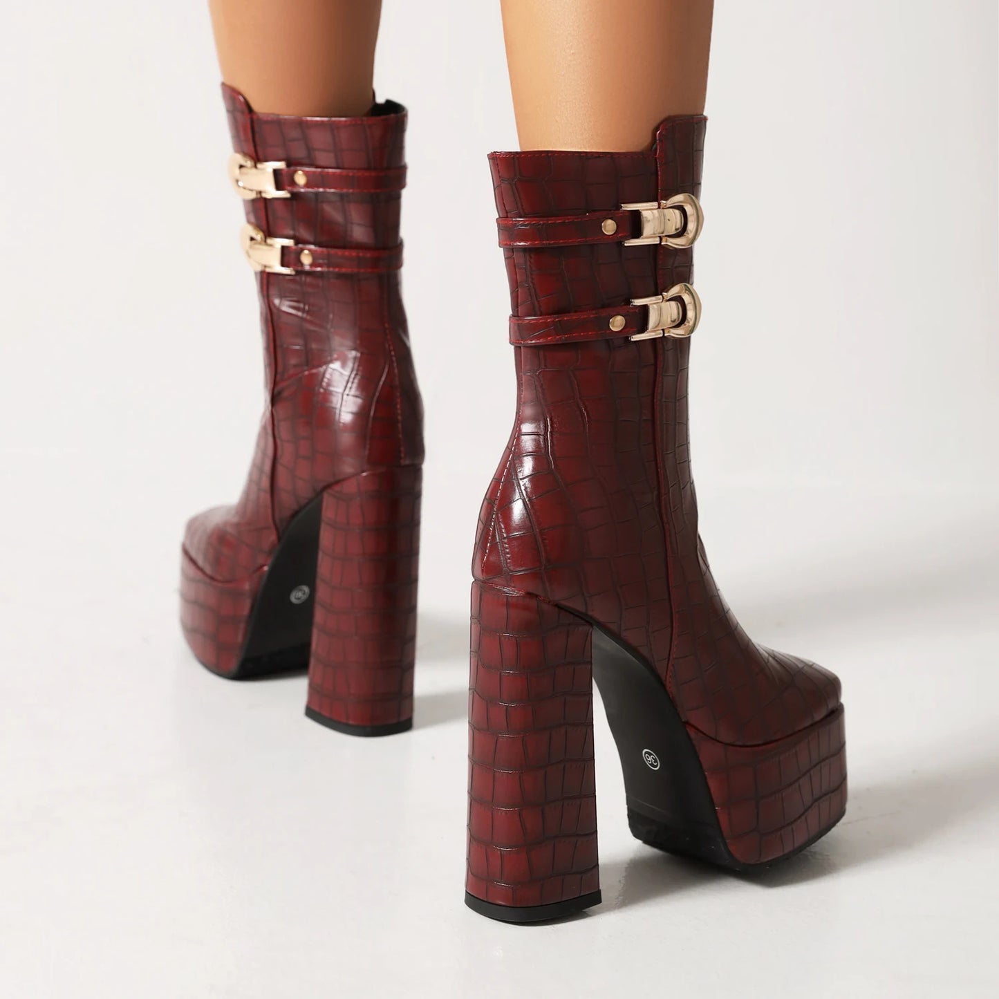 Square Toe Platform Ultra-High Thick Heels Striped Microfiber Mid-Calf Boots Metal Decorative Belt Buckle Zipper Fashion Boots