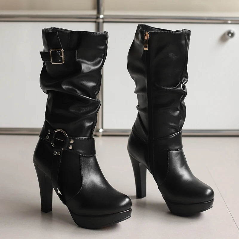 Round Metal Buckle Rivet Belt Buckle Side Zipper Breathable Knee High Boots Platform Ultra-High Thick Heel Women's Boots