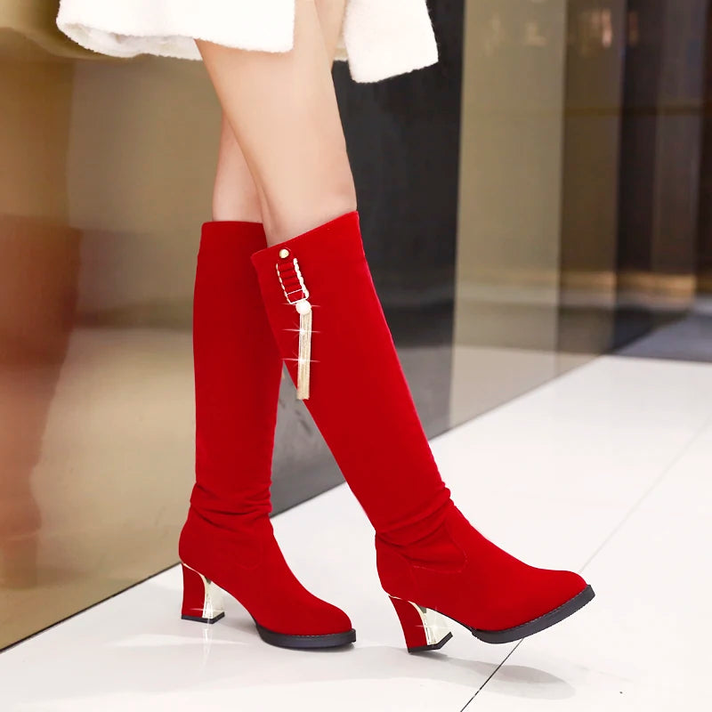 2024 Metal Tassels Pearls Cute And Sweet Women's Knee-High Boots Frosted Flock Thick Heels Slip On Winter Long Boots